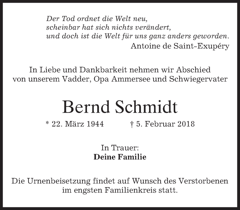 Traueranzeige für Bernd Schmidt vom 17.02.2018 aus merkurtz
