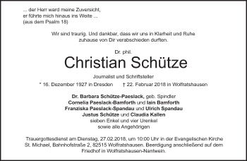 Traueranzeige von Christian Schütze von merkurtz