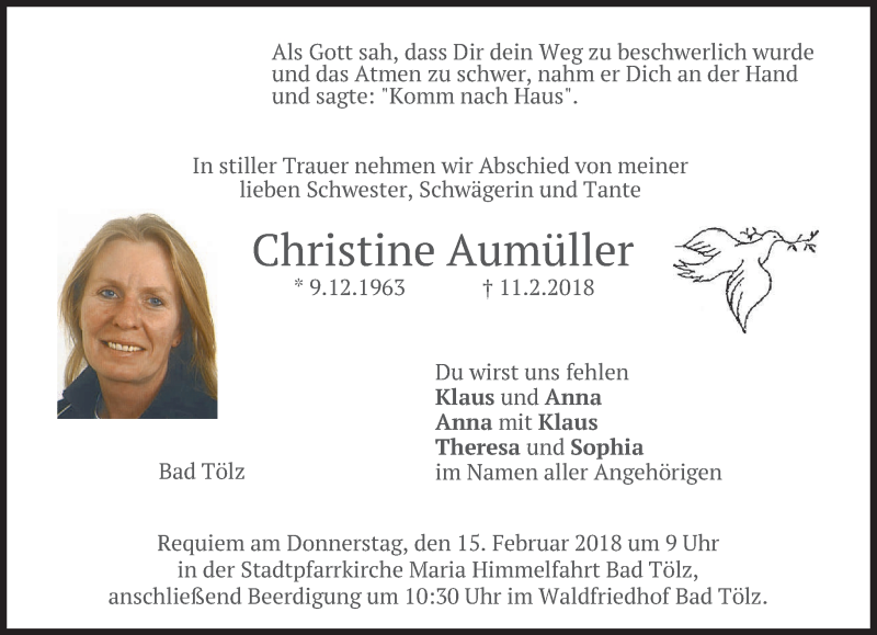  Traueranzeige für Christine Aumüller vom 13.02.2018 aus merkurtz