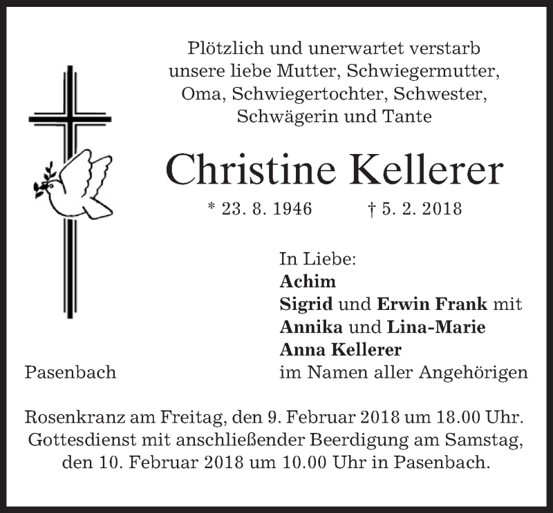  Traueranzeige für Christine Kellerer vom 08.02.2018 aus merkurtz