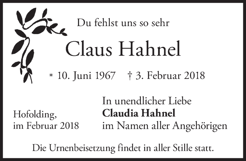  Traueranzeige für Claus Hahnel vom 08.02.2018 aus merkurtz