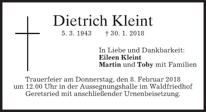  Traueranzeige für Dietrich Kleint vom 03.02.2018 aus merkurtz
