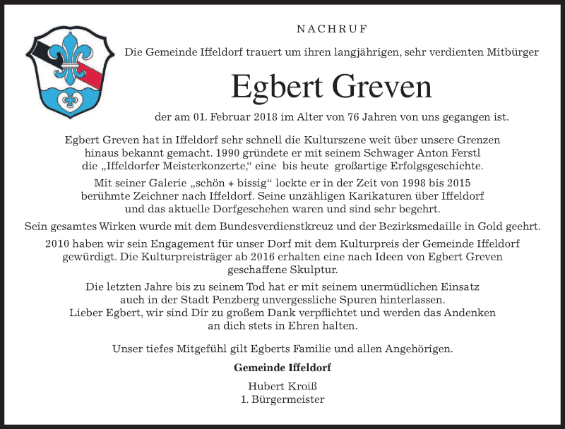  Traueranzeige für Egbert Greven vom 10.02.2018 aus merkurtz