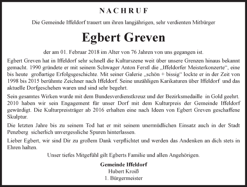  Traueranzeige für Egbert Greven vom 10.02.2018 aus Das Gelbe Blatt Penzberg