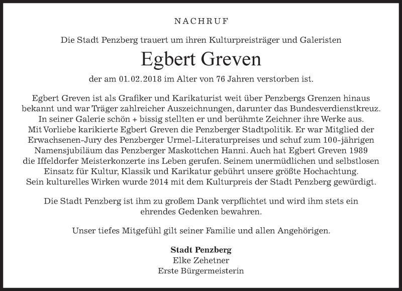  Traueranzeige für Egbert Greven vom 07.02.2018 aus Das Gelbe Blatt Penzberg