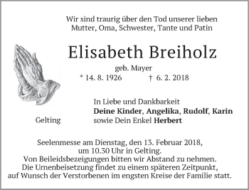 Traueranzeige von Elisabeth Breiholz von merkurtz