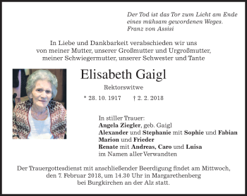 Traueranzeige von Elisabeth Gaigl von merkurtz