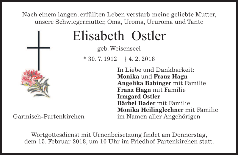  Traueranzeige für Elisabeth Ostler vom 10.02.2018 aus merkurtz