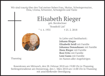Traueranzeige von Elisabeth Rieger von merkurtz