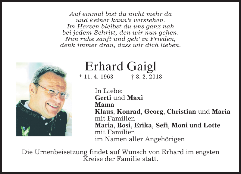  Traueranzeige für Erhard Gaigl vom 14.02.2018 aus merkurtz