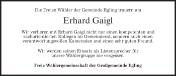 Traueranzeige von Erhard Gaigl von merkurtz