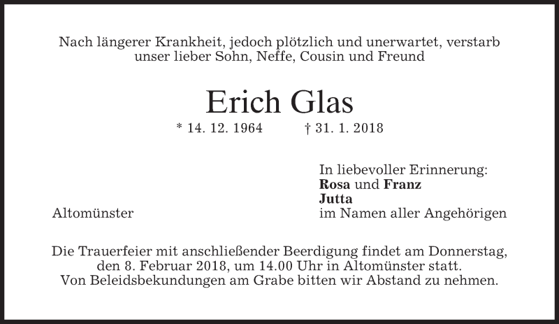  Traueranzeige für Erich Glas vom 06.02.2018 aus merkurtz