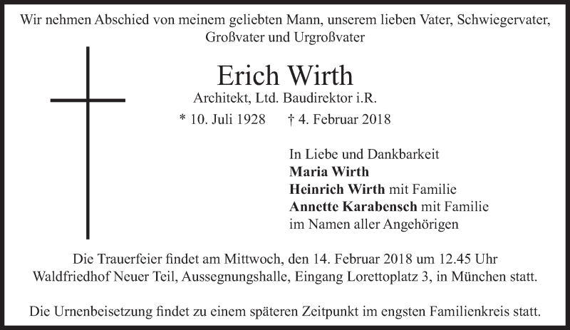  Traueranzeige für Erich Wirth vom 10.02.2018 aus merkurtz