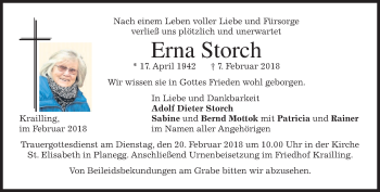 Traueranzeige von Erna Storch von merkurtz