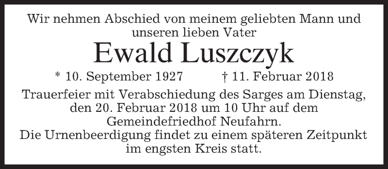  Traueranzeige für Ewald Luszczyk vom 17.02.2018 aus merkurtz