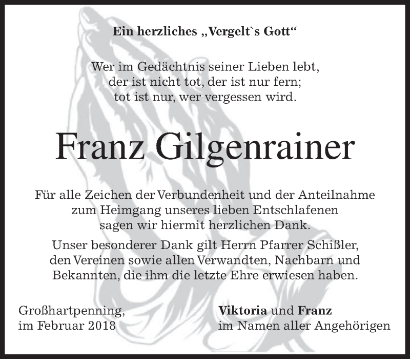  Traueranzeige für Franz Gilgenrainer vom 17.02.2018 aus merkurtz