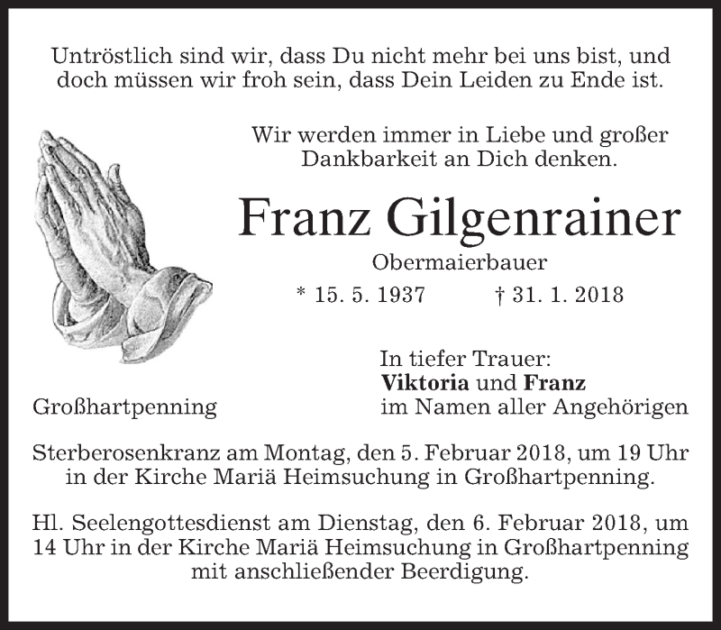  Traueranzeige für Franz Gilgenrainer vom 03.02.2018 aus merkurtz