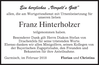 Traueranzeige von Franz Hinterholzer von merkurtz