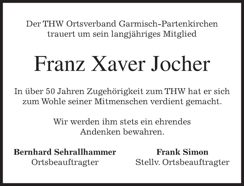  Traueranzeige für Franz Xaver Jocher vom 15.02.2018 aus merkurtz
