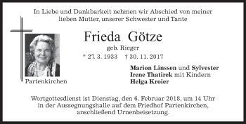 Traueranzeige von Frieda Götze von merkurtz