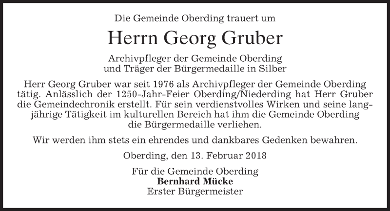  Traueranzeige für Georg Gruber vom 13.02.2018 aus merkurtz