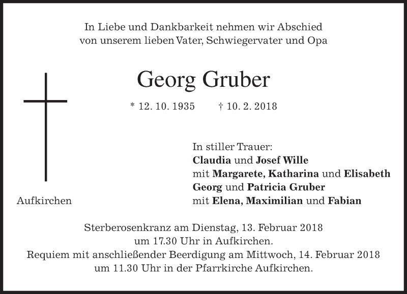  Traueranzeige für Georg Gruber vom 12.02.2018 aus merkurtz