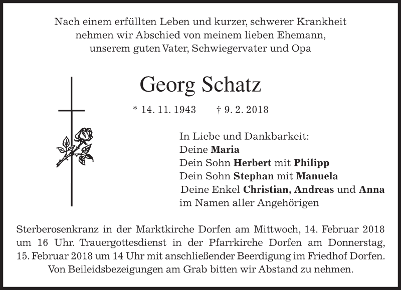 Traueranzeige für Georg Schatz vom 12.02.2018 aus merkurtz