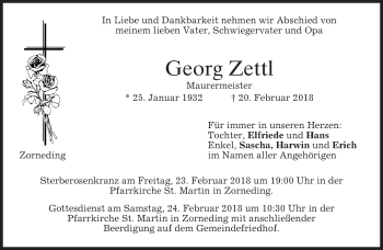 Traueranzeige von Georg Zettl von merkurtz