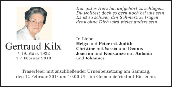 Traueranzeige von Gertraud Kilx von merkurtz