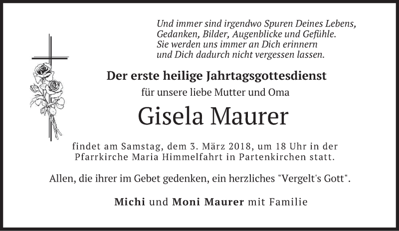  Traueranzeige für Gisela Maurer vom 28.02.2018 aus merkurtz