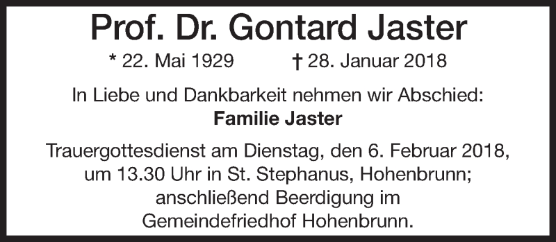  Traueranzeige für Gontard Jaster vom 03.02.2018 aus merkurtz