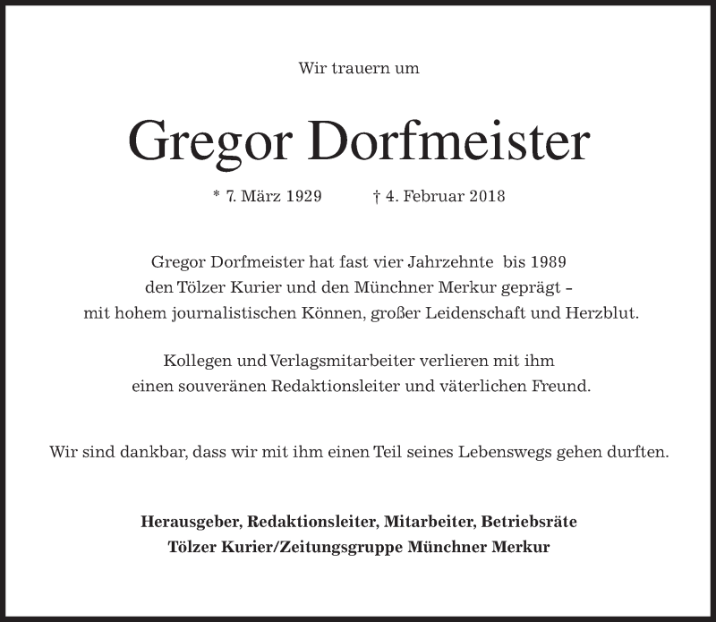  Traueranzeige für Gregor Dorfmeister vom 06.02.2018 aus merkurtz