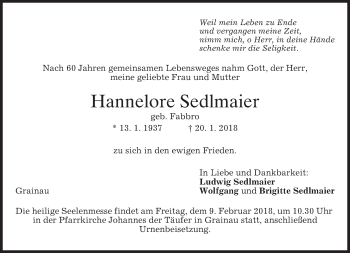 Traueranzeige von Hannelore Sedlmaier von merkurtz