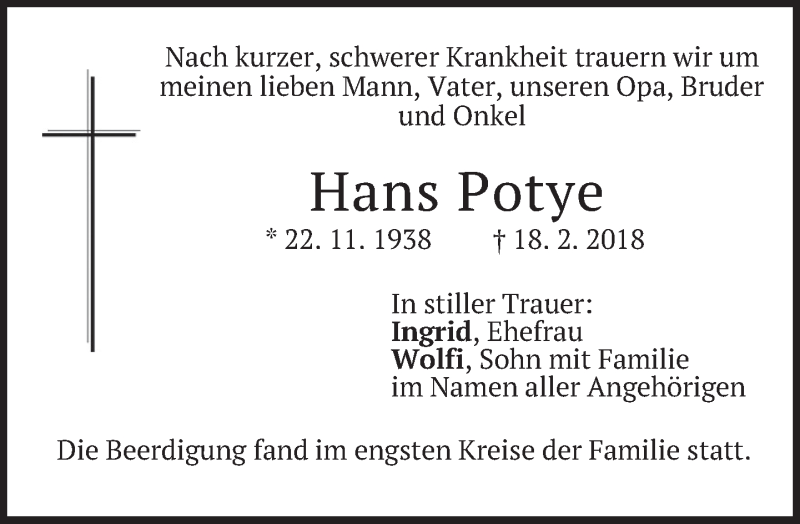  Traueranzeige für Hans Potye vom 24.02.2018 aus merkurtz