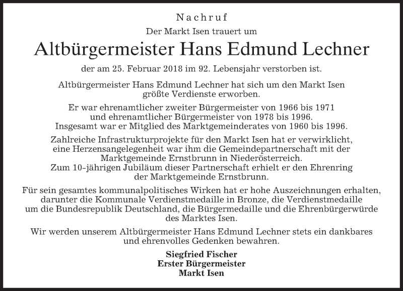  Traueranzeige für Hans Edmund Lechner vom 28.02.2018 aus merkurtz