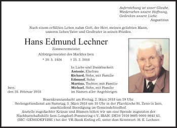 Traueranzeige von Hans Edmund Lechner von merkurtz