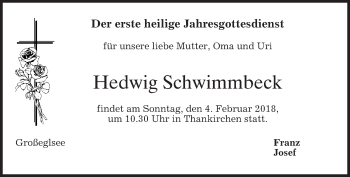 Traueranzeige von Hedwig Schwimmbeck von merkurtz