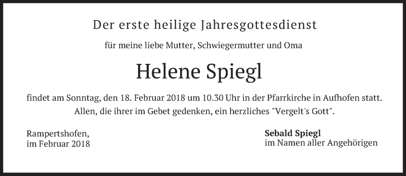  Traueranzeige für Helene Spiegl vom 16.02.2018 aus merkurtz