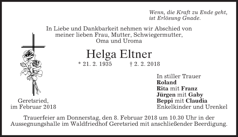  Traueranzeige für Helga Eltner vom 06.02.2018 aus merkurtz