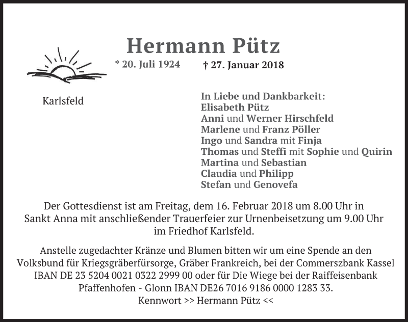  Traueranzeige für Hermann Pütz vom 10.02.2018 aus merkurtz