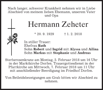 Traueranzeige von Hermann Zeheter von merkurtz