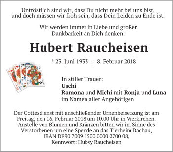 Traueranzeige von Hubert Raucheisen von merkurtz