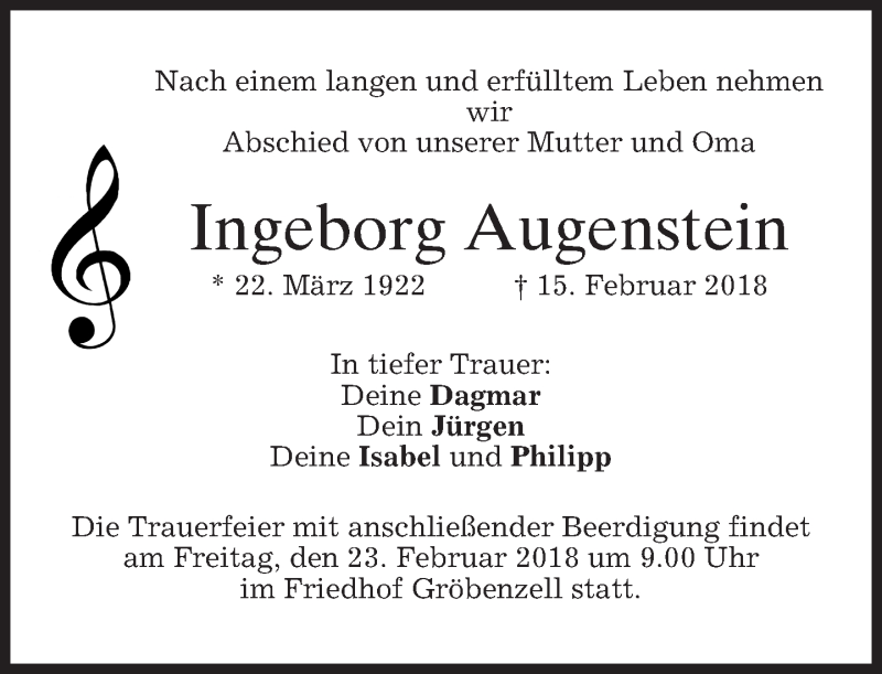  Traueranzeige für Ingeborg Augenstein vom 21.02.2018 aus merkurtz