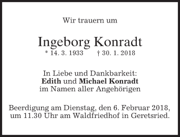 Traueranzeige von Ingeborg Konradt von merkurtz