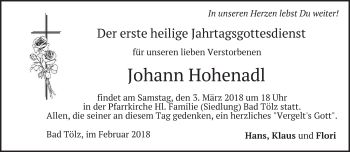 Traueranzeige von Johann Hohenadl von merkurtz