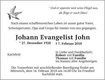 Traueranzeige von Johann Evangelist John von merkurtz
