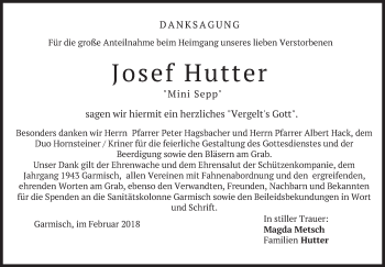 Traueranzeige von Josef Hutter von merkurtz