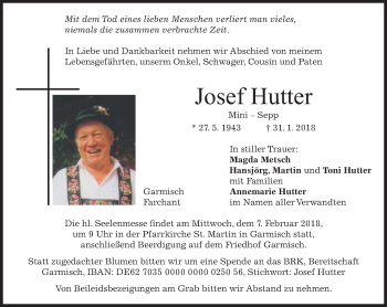Traueranzeige von Josef Hutter von merkurtz