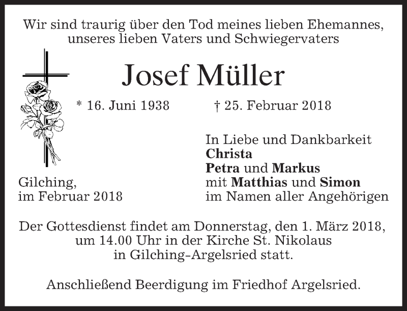  Traueranzeige für Josef Müller vom 27.02.2018 aus merkurtz