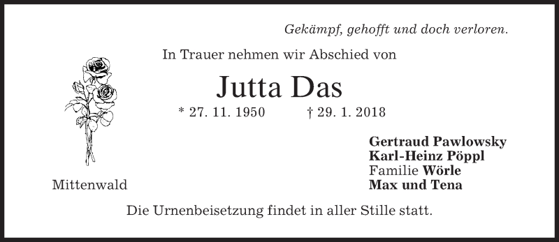  Traueranzeige für Jutta Das vom 03.02.2018 aus merkurtz